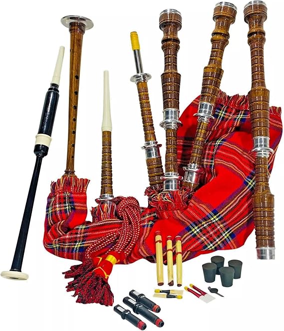 TC Scottish Full Size Bagpipe - Playable Bagpipe With Practice Chanter - Full Silver Mounts Rosewood Made - Free Tutor Book & Bag