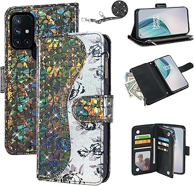Floral Wallet Case for OnePlus Nord N10 5G with Wrist Strap Shoulder Strap Flip Zipper Purse Card Holder,Stand Glitter Phone Cover for One Plus N 10 G5 1 Plus 10N 1plus One 1 N105G Black