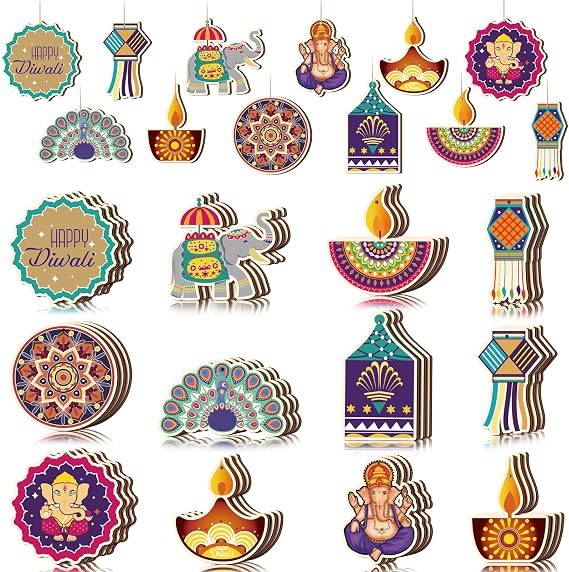 BBTO 36 Pieces Happy Diwali Wooden Hanging Ornaments Decoration Indian Theme Festival of Lights Party Decor Diwali Deepavali Wood Cutout Ornaments for Home Doorway Curtain Party Decoration Supplies