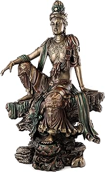 Top Collection Water and Moon Quan Yin Statue in Royal Ease Pose - Kwan Yin Goddess of Mercy Sculpture in Cold Cast Bronze - 14.75-Inch Figurine
