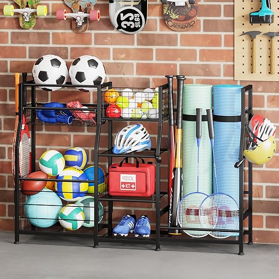 Sonyabecca Garage Sports Equipment Organizer 2 Golf Bag Stand Golf Storage Organizer for Garage with Basket and Hooks, Storage Rack for 2 Golf Bag, Golf Gift for Men, Gifts for Father