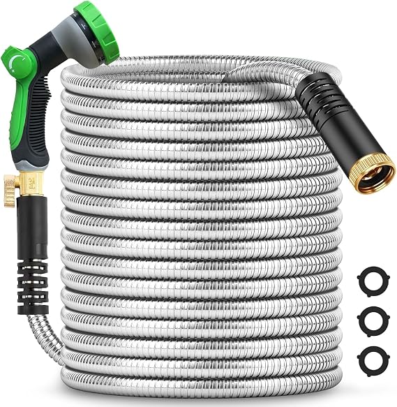 200Ft Metal Garden Hose durable stainless steel Water Hose, flexible, lightweight hose is resistant to kinks and tangles.With 10-way nozzle, strong 3/4 metal fittings, and a Stop Valve.