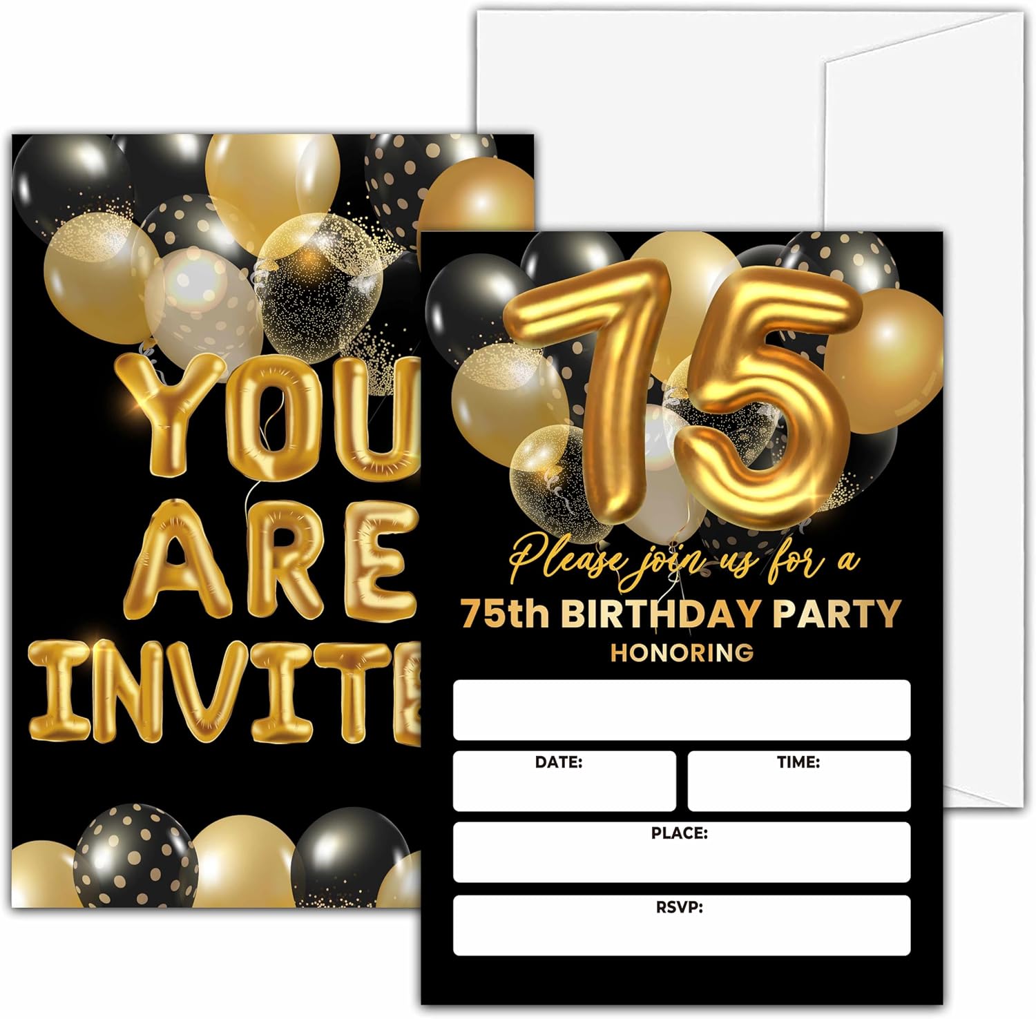 75th Birthday Invitations, Black and Gold Birthday Party Invitations, Gold Balloon Birthday Party Fill In Invitation Cards, Birthday Party Favor Supplies 20 Invites With 20 Envelopes -75th