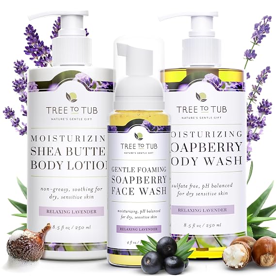Tree To Tub Lavender Shea Butter Body Lotion for Dry Skin & Sensitive Skin Face Wash for Dry Skin & pH Balanced Hydrating Lavender Body Wash for Women & Men w/Organic Shea Butter, Natural Aloe Vera...