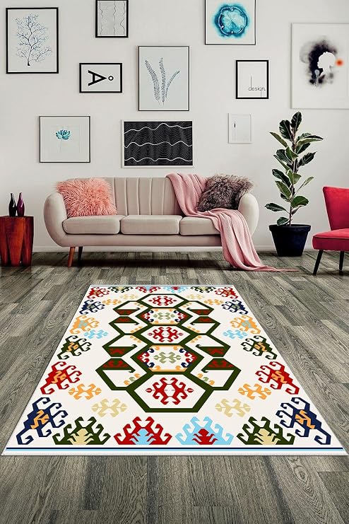 Ontheclouds Etnik Dokuma Kilim Petek Desen Dijital Baskılı Yıkanabilir Kaymaz Taban Modern Salon Halısı, 130 x 180