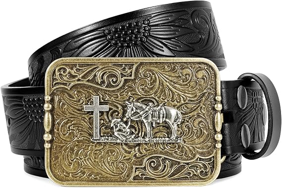BELTROAD Cowboy Belts for Men Women Western Leather Buckle Belt Cowboy Cowgirl Embossed Belt for Jeans Christmas Men's Belt