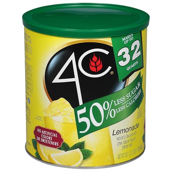 4C Reduced Sugar Powdered Drink Mix Canisters, Iced Tea 1 Pack, 28 Quarts, Family Sized Canister, Thirst Quenching & Refreshing Flavors (Lemonade, 33.1 Ounce (Pack of 1))
