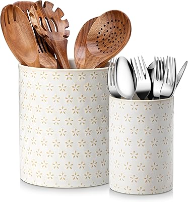 MALACASA LYDIA Ceramic Utensil Holders, 7.35.5 Kitchen Utensil Crock Set for Countertop, Large & Small Utensil Organizers for Cooking Tools, Five-Leaf Grass Pattern