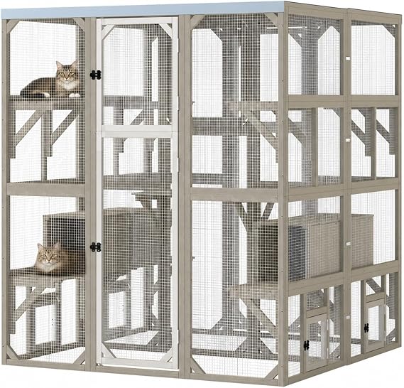 Gowoodhut Double Cat Enclosure,Large Walk-in Cat Catio for Multiple Cats | Wooden Cat House Outdoor Cat Patio Window Catio with Multi Platforms & Lounge Boxes,2 Sets Combined