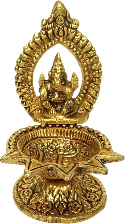 Purpledip Metal Oil Lamp Diya Chakra Ganesh: Unique Star Design Deepak (12194)