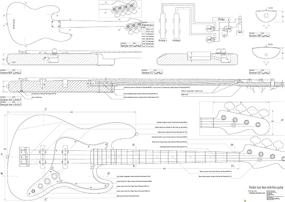 Jazz Bass Electric Guitar PLANS - Full Scale Plans - Actual Size - detailed