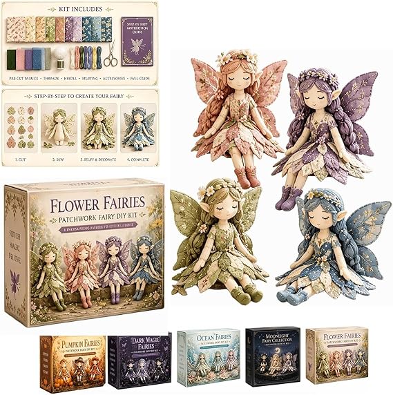 Fairy Patchwork DIY Collection, Fun Flower Fairies Patchwork Sewing Kit, Fabric Full Supplies DIY Craft Set for Beginner Crafters, Home Decor Unique Handmade Gift (Set A)