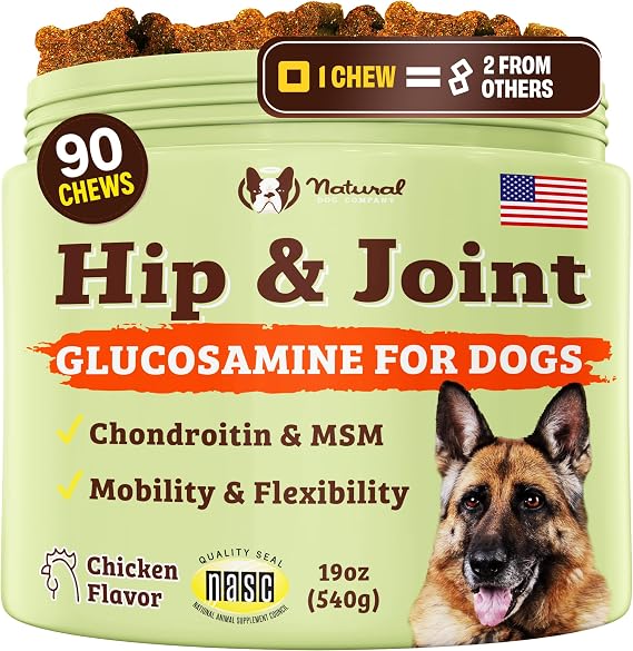 Natural Dog Company Hip & Joint Supplement Chew for Dogs Supports Mobility, Flexibility & Comfort, Glucosamine, Chondroitin, MSM & Turmeric, Chicken Flavor, 90 Count