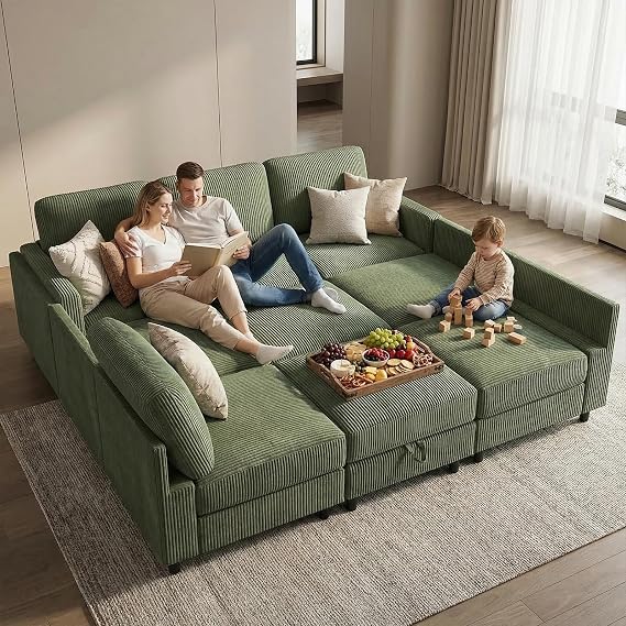 KKL Modular Sectional Sofa Bed - Sofabed with Storage Ottoman, Convertible L/U-Shaped Sleeper Couch for Living Room, Modern Reversible Design, Green