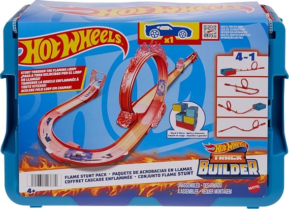 Hot Wheels Track Builder Alev Temalı Akrobasi Seti ve 1 adet araba, birleştirilebilir oyuncak saklama kutusunda 16 adet pist oluşturma ve akrobasi parçası, HMC04