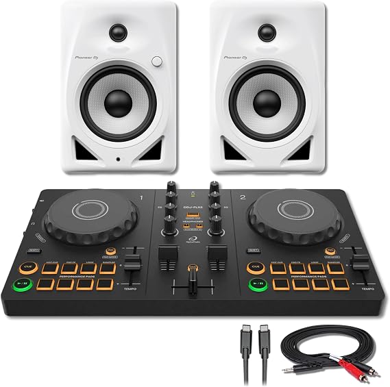 Alpha Theta DDJ-FLX2 2-Deck DJ Controller with Pioneer DM-50D-W 5" White Active Monitor Speakers and CMR-206 Stereo Breakout Cable