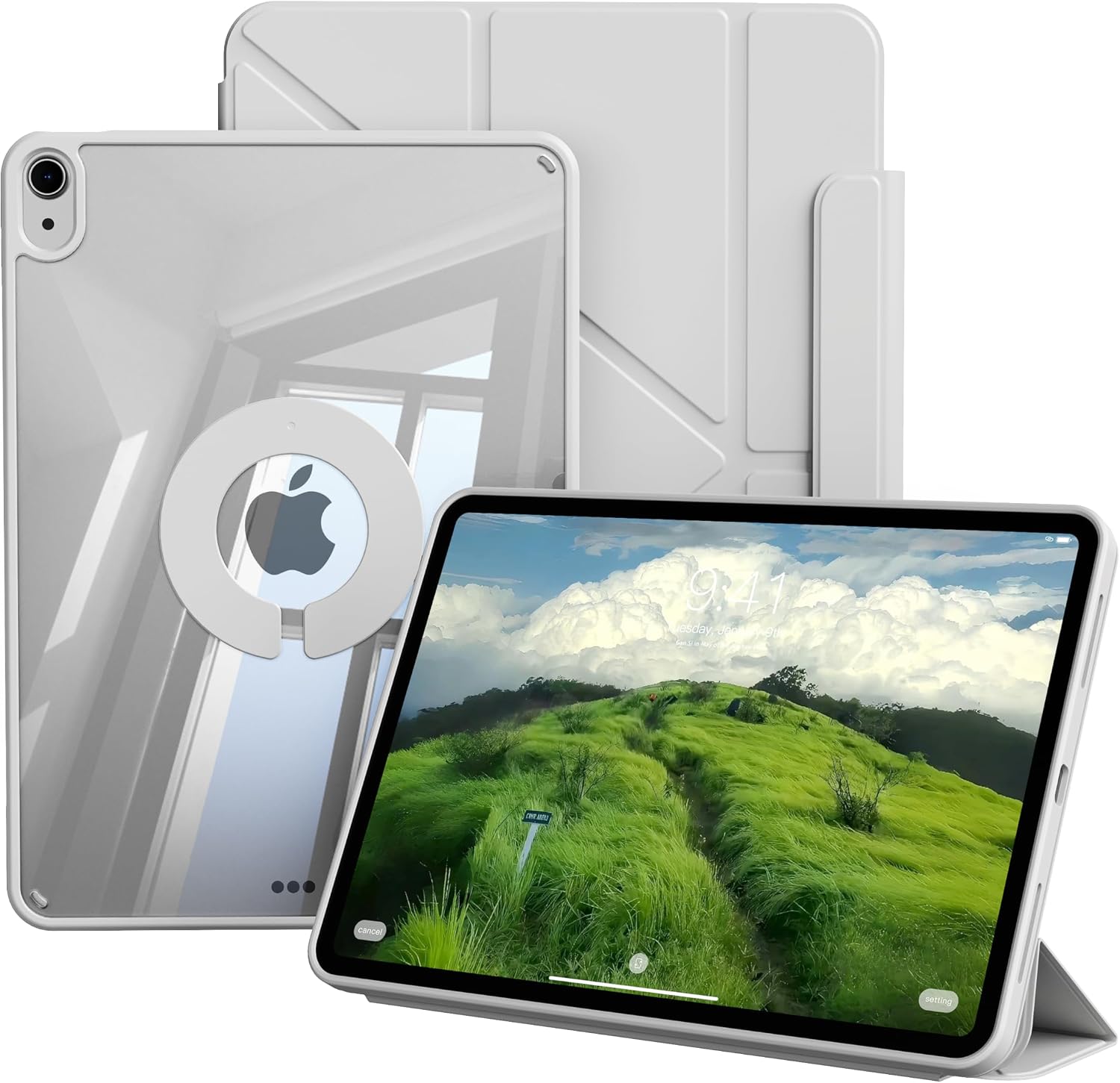 Clear Case for iPad A16 11th Generation 11 inch 2025 & iPad 10th Gen 10.9 inch 2022 with Pencil Holder, Detachable Magnetic Rotating Transparent Hard PC Back, Auto WakeSleep, Trifold & Y Stand, Gray
