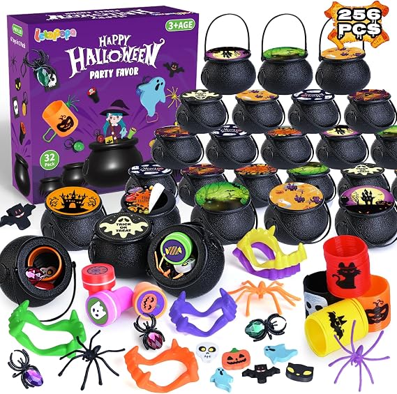 Letapapa 256 PCS Halloween Party Favors for Kids, 32 Pack Prefilled Small Plastic Witch Cauldron With Assorted Halloween Toy In Bulk, Miniatures for Kids Trick or Treat, Halloween Classroom Rewards