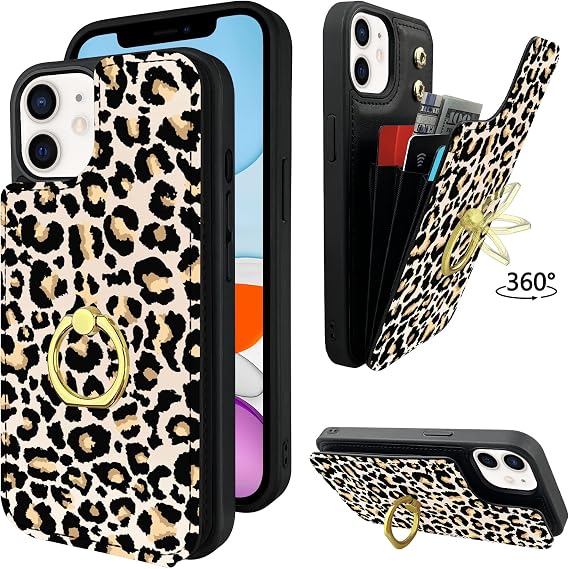 Compatible with iPhone 11 Wallet Case with Card Holder, 360Rotation Finger Ring Holder Kickstand Protective RFID Blocking PU Leather Pattern Double Buttons Flip Cover 6.1" Classic Leopard