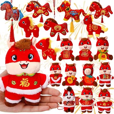18 Pcs Chinese New Year Horse Plush - 2026 Year of The Horse Ornaments Cute Mascot Zodiac Animals Spring Festival Gift Set for Home Car Indoor Outdoor Hanging Decorations-18 Styles