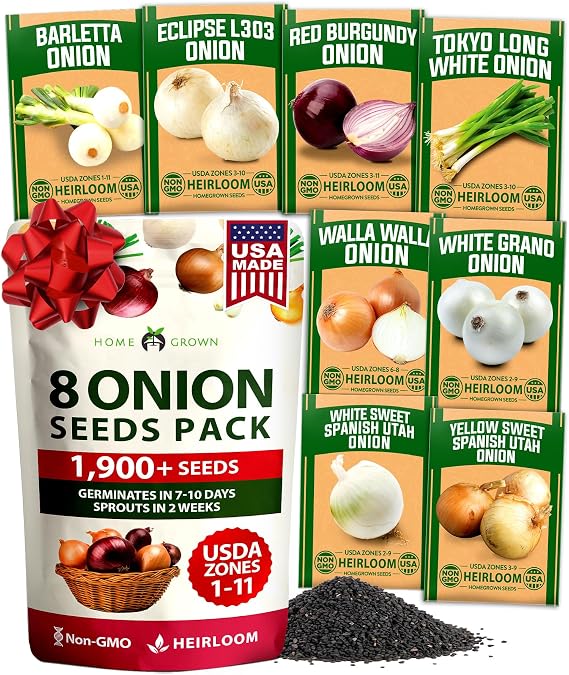 HOME GROWN 8 Onion Variety Mix 1600+ Heirloom Non-GMO Seeds for Planting, High Germination, Red, Yellow, White, Sweet Vidalia & Spanish Bulb Onions, Green Scallions,Indoor Outdoor Garden (Allium cepa)