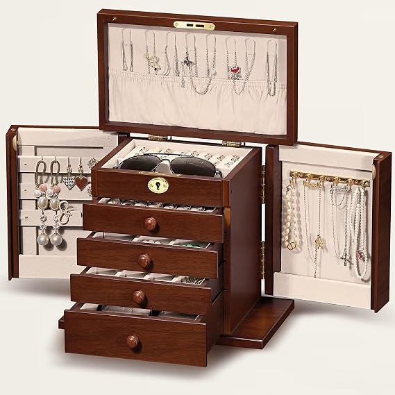 Wooden Jewelry Box Lockable, 8-Layer Large Wood Jewelry Organizer for Women