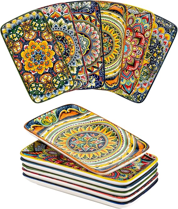 Henten Home Ceramic 8 Inch Salad Plates, Rectangular Snack Plate Set of 6