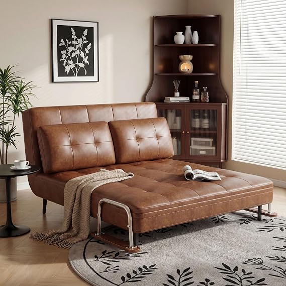 Convertible Folding 2-Seater Double Sofa Bed, Extra-Long 200cm x 150cm, Vintage Faux Leather with Cushions – Living, Guest Room or Home Office