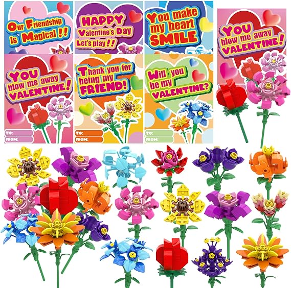 24 Pack Valentines Day Gifts Cards for Kids Flower Building Blocks Toys