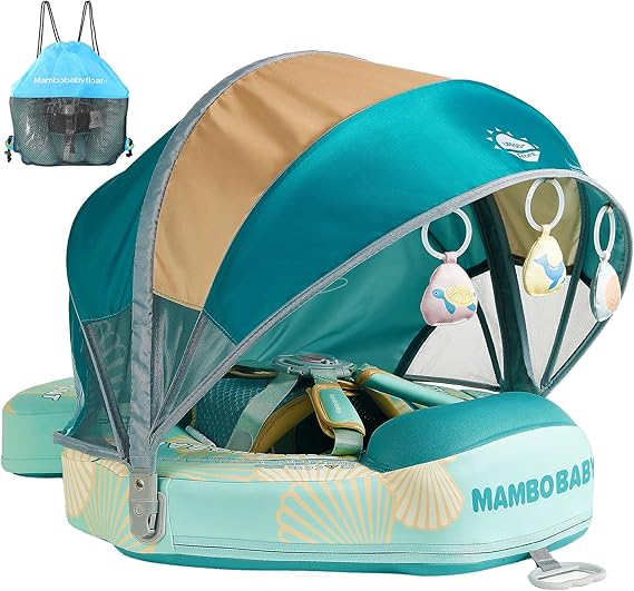 Mambobaby Float Add Tail Baby Swim Float with Canopy Solid Pool Infant Swim Trainer Swimming Training Lying Air Free Water Floats Non-Inflatable Waist Swim Ring for Toddlers (Shell - Green)