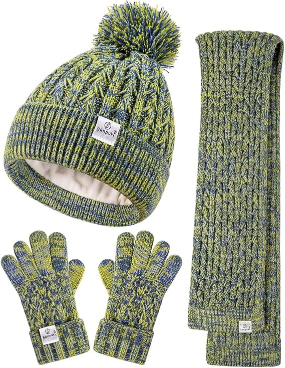 Kids Winter Hat Gloves Scarf Set,Girls Toddler Winter Hat Beanie with Pom Neck Warmer Gaiter Mittens Fleece Lined Set