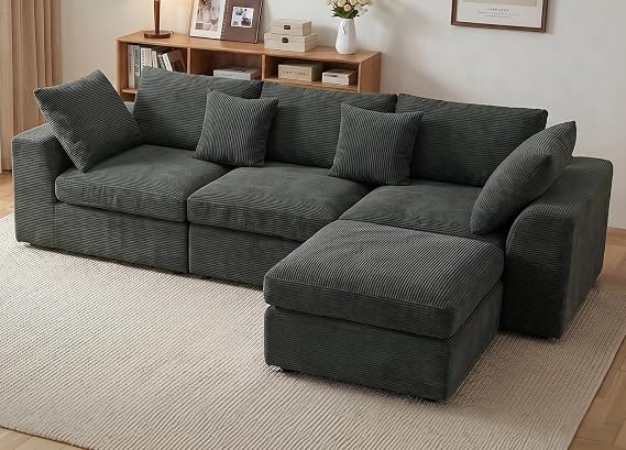 Benazcap 110'' Cloud Couch, L-Shaped Boneless Couch, Dark Grey | 3-Seat Sectional Couches for Living Room, Modular Sofa with Movable Ottoman, Deep Seat, Thick Cushion