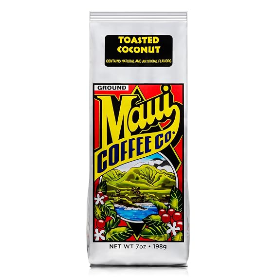 Maui Coffee Co. Toasted Coconut Coffee Ground Medium Dark Roast 7oz | Low Acid | Small Batch Roasted | Island-Inspired Flavor | Toasted Coconut, Creamy Caramel & Roasted Almond Notes