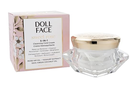 Doll Face Sweet Rose 5-in-1 Cleansing Cold Cream | Makeup Remover Balm with Coconut and Rose Hip Oils | Double Facial Cleanser for All Skin Types | 1.58fl oz