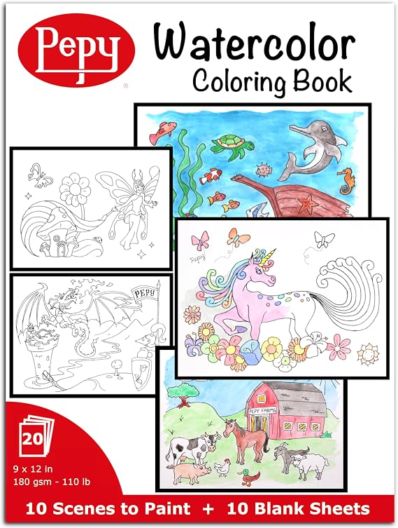 Pepy Watercolor Coloring Book 20 Sheets Total with 10 Plain and 10 Pre-Printed Design Sheets; 9 inches by 12 inches