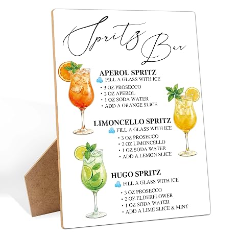 Spritz バーサイン Aperol Hugo Limoncelo Spritz カクテル レシピ ドリンクステーション 木製サイン ベビーシャワーとブライダルシャワー用、8 x 11インチ ウェディングバーサイン ホームパーティー テーブルデコレーション