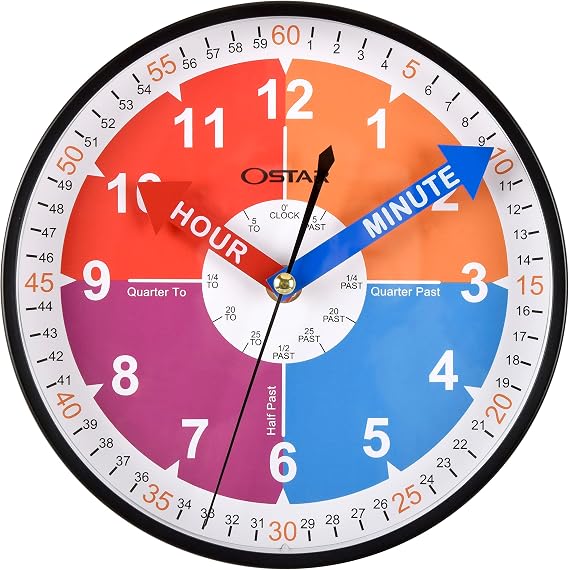 OSTAR Telling Time Teaching Wall Clock, Hanging Stand Dual Purpose,Battery Operated Analog Silent Learning Clock for Kids Room Decor