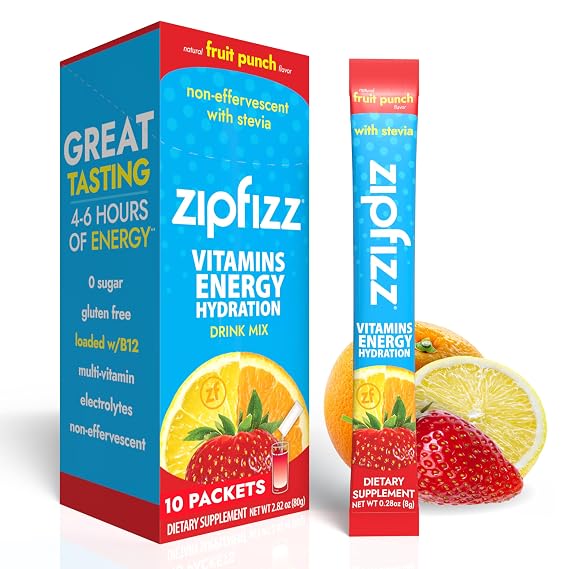 Zipfizz Stevia Electrolyte Energy Drink Powder 3-in-1 Fruit Punch 10 Pack