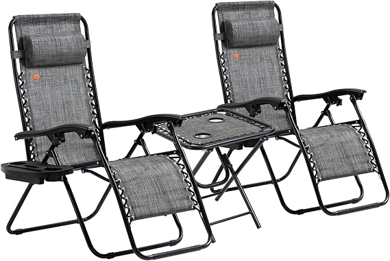 Outsunny Zero Gravity Chair Set with Side Table, Cupholders, Gray