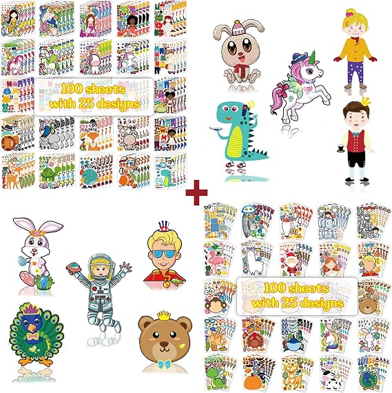200 Pack Make Your Own Stickers for Kids with 50 Designs, DIY Make Animal Face Stickers, Funny Mermaid Space Princess Prince Face Stickers Sheets, Festival Party Favor Reward Art Craft School