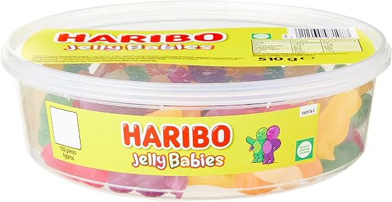 HARIBO Jelly Babies, Gummy Sweets Tub With Super Juicy Flavours, 510 Grams (100 Pieces)