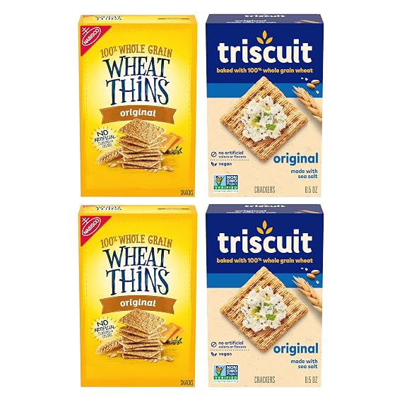 Triscuit Whole Grain Wheat Crackers & Wheat Thins Snacks Variety Pack 4ct | Bulk Snacks, Baked with 100% Whole Grain What, Triscuit Vegan Crackers