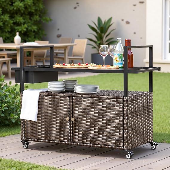 Belord Wicker Outdoor Bar Cart with Storage Cabinet and Four Rolling Wheels Patio Bar Table, Outdoor Buffet Cabinet Movable with Removable Side Basket for Deck Poolside Backyard Brown