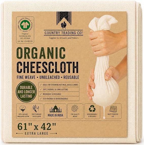 Organic Unbleached Cotton Cheesecloth GOTS Certified Muslin Cloth for Straining & Cooking, Reusable Kitchen Filter, Large 18 sq ft
