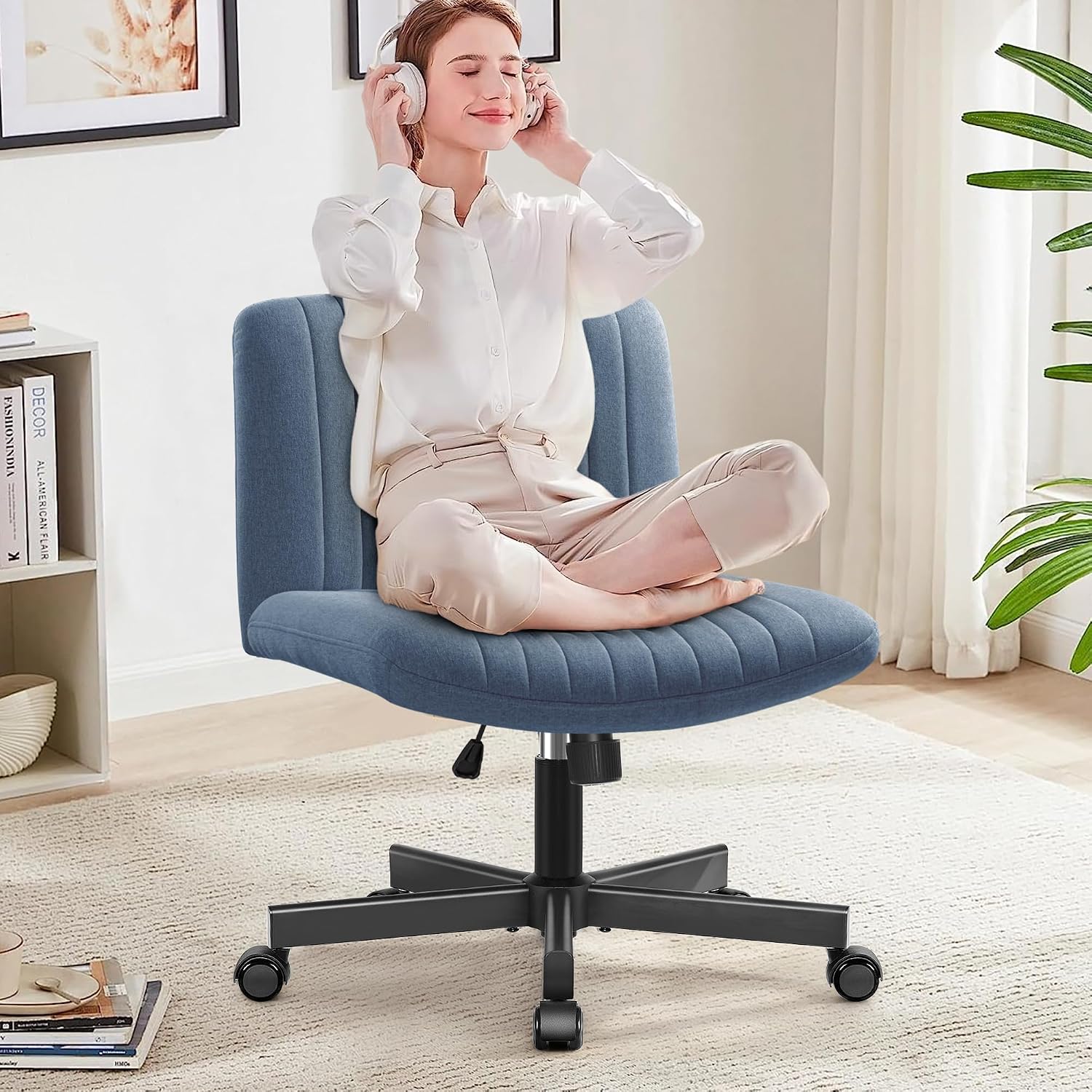 FelixKing Desk Chair, Agura Chair, Office Chair, Thick Seat, Upholstered, Sofa Chair, No Armrests, No Fatigue, Wide Seat, Wheels, Adjustable Height, 3.9 inches 10 cm Height, Rotation, Lightweight