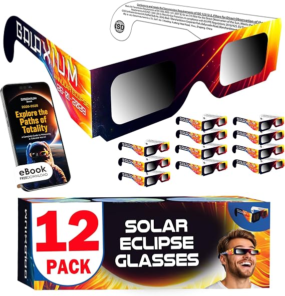 Galaxium 6/12/25/50/100 Pack Solar Eclipse Glasses 2026 ISO 12312-2 Certified | Trusted for Direct Solar Eclipse Viewing