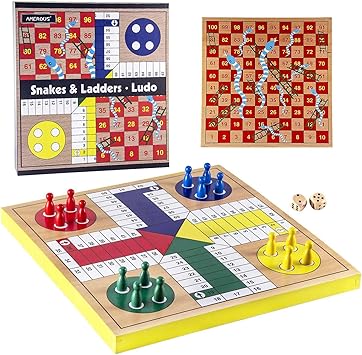 AMEROUS 12 inches Wooden Ludo Board Game - Snakes and Ladders, 2 in 1 Reversible, 1-4 Players Family Dice Games Set for Kids, Adults, Classics Tabletop Version Gift Box Packed