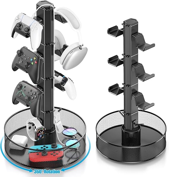 Kosker Rotatable Gaming Controller Holder with Basket for Desk, Controller Stand for PS5/PS4/Xbox/Switch/PC Accessories, Holder with Cable Organizer, 4 Tiers Black