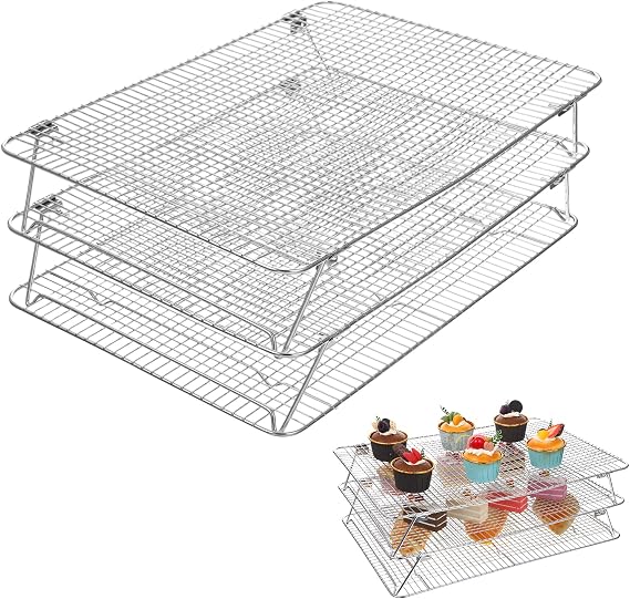 Stainless Steel Stackable Cooling Rack for Baking, 3-Tier Cooling Rack Set, Stackable Heavy Duty Stainless Steel Wire Racks, for Baking Cooking Grilling, Oven & Dishwasher Safe, 12x 16.5, Silver