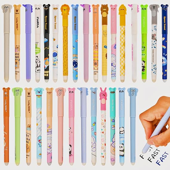 LiYiQ 30 PCS Erasable Pens Fun Cute Pens for kids Kawaii Pen Stress Relief Rotating Pen for School, Office, Home Supplies,14 Black and 16 Blue